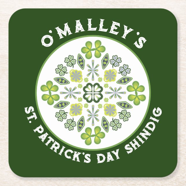 Posavasos Cuadrado De Papel Shamrock Clover Mandala St. Patrick's Day Fiesta (Anverso)