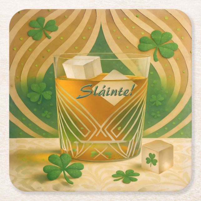 Posavasos Cuadrado De Papel Shamrocks Irish Whiskey Tumbler "Sláinte!" (Anverso)