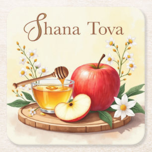 Posavasos Cuadrado De Papel Shana Tova Rosh Hashanah Flores de manzana y miel