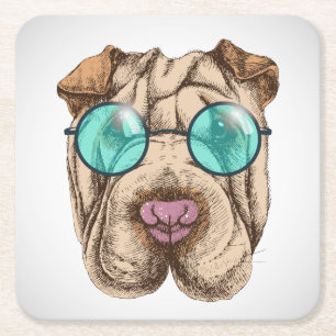 Posavasos Cuadrado De Papel Sharpei Con Lentes De Sol