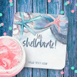 Posavasos Cuadrado De Papel Shellabration | Playa Watercolor Starfish Seashner<br><div class="desc">Las galletitas de bebidas de papel temático en la playa cuentan con conchas de marea estelar de color acuático con un título de escritura "let's shellabrate" en forma de escritura de pizarra azul y una línea de texto adicional que se puede personalizar. Arte por KL Stock</div>