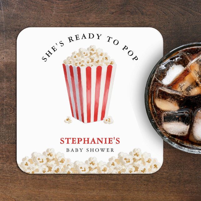 Posavasos Cuadrado De Papel She's Ready To Pop Baby Shower Popcorn (She's Ready To Pop Baby Shower Popcorn Square Paper Coaster
)