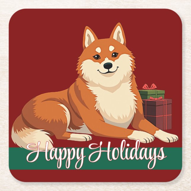 Posavasos Cuadrado De Papel Shiba Inu Felices Fiestas Adultos (Anverso)
