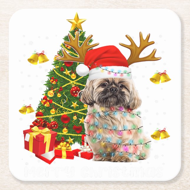 Posavasos Cuadrado De Papel Shih Tzu Christmas Lights Tree | Santa Xmas (Anverso)