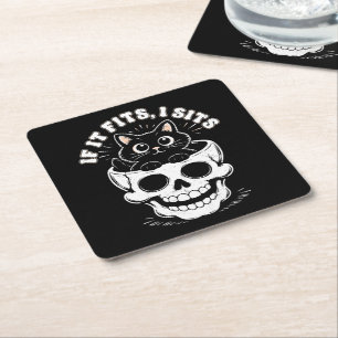 Posavasos Cuadrado De Papel Si cabe, me siento Calavera de gato negro Meme min