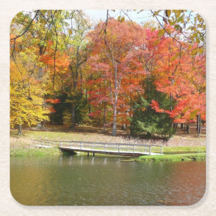 Posavasos Cuadrado De Papel Siete Springs Fall Bridge III Paisaje de Otoño