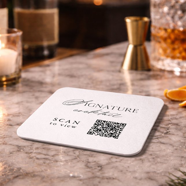 Posavasos Cuadrado De Papel Signature Cocktail QR Code Wedding (Subido por el creador)
