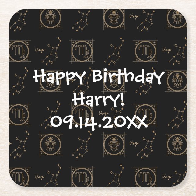 Posavasos Cuadrado De Papel Signo estrella de la astrología de virgo negro y d (Anverso)