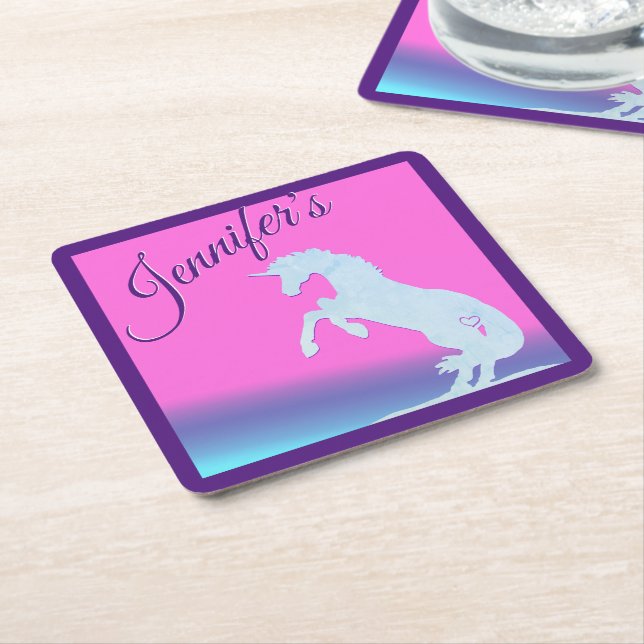 Posavasos Cuadrado De Papel Silhouette Blue Unicorn (arco iris) (En perspectiva)