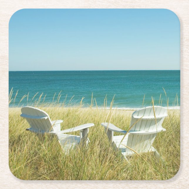 Posavasos Cuadrado De Papel Sillas de Adirondack en las dunas (Anverso)