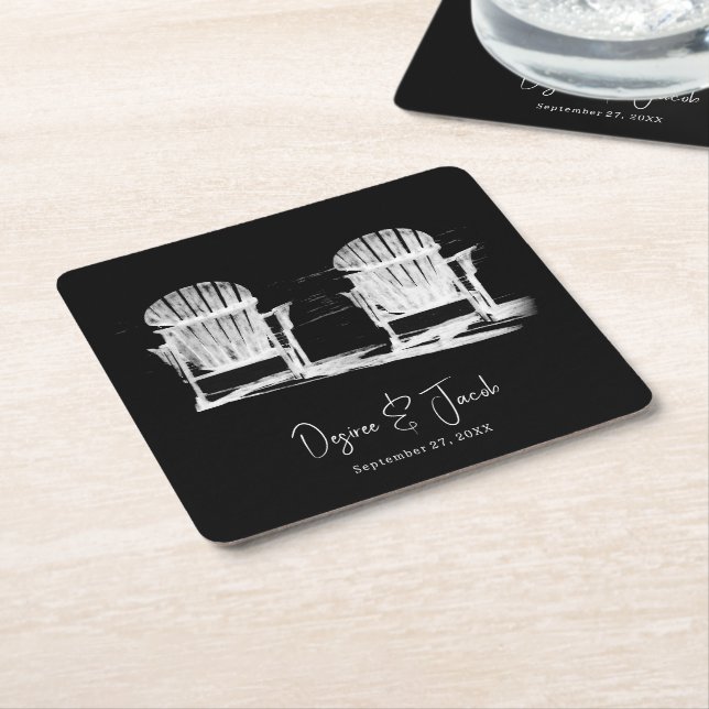 Posavasos Cuadrado De Papel Sillas De Playa Boda Blanco Y Negro (En perspectiva)