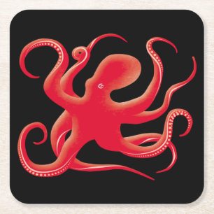 Posavasos Cuadrado De Papel Silueta de arte octopus de vector rojo simple