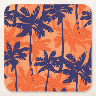 Posavasos Cuadrado De Papel Silueta de palmera azul, fondo naranja