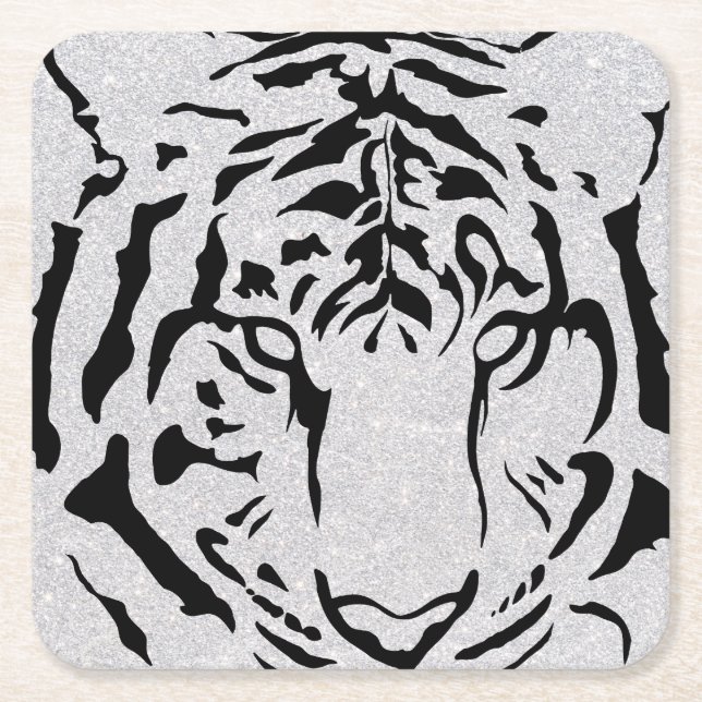 Posavasos Cuadrado De Papel Silueta de tigre blanco y negro (Anverso)