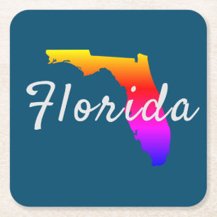 Posavasos Cuadrado De Papel Silueta del estado de Florida con arcoíris