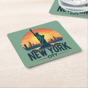 Posavasos Cuadrado De Papel Silueta retro de la ciudad de Nueva York con Estat