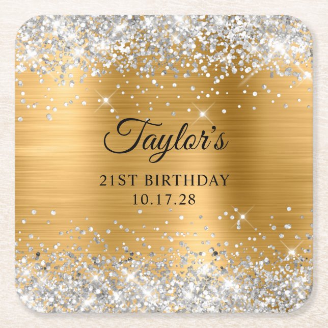 Posavasos Cuadrado De Papel Silver Glitter Gold Foil 21st Birthday (Anverso)