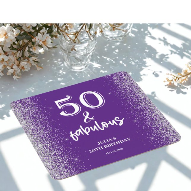 Posavasos Cuadrado De Papel Silver Glitter Purple 50th Birthday Party  (Subido por el creador)