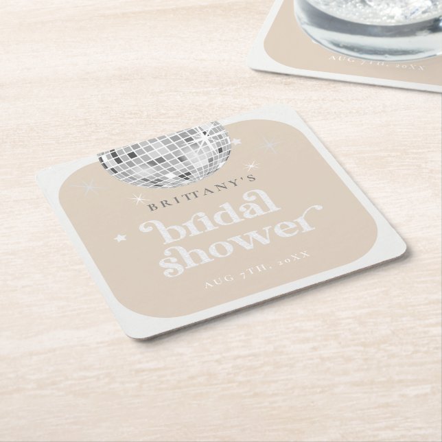 Posavasos Cuadrado De Papel Silver Retro Disco Groovy Bridal Shower (En perspectiva)