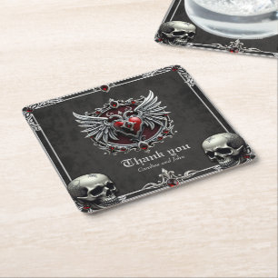Posavasos Cuadrado De Papel Simbiosis gótica, corazón elegante y calaveras.