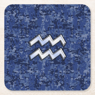 Posavasos Cuadrado De Papel Símbolo Aquarius Zodiac sobre el camo digital azu