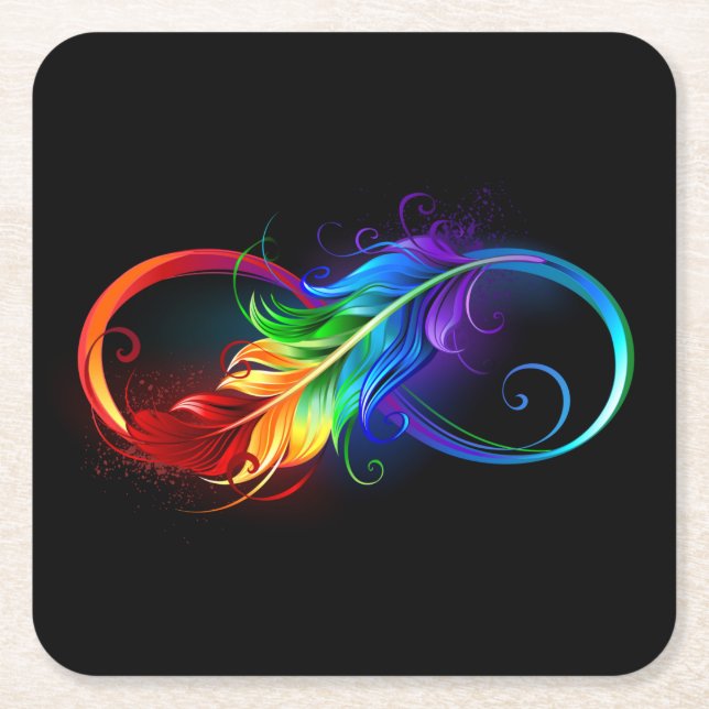 Posavasos Cuadrado De Papel Símbolo infinito con pluma arco iris (Anverso)