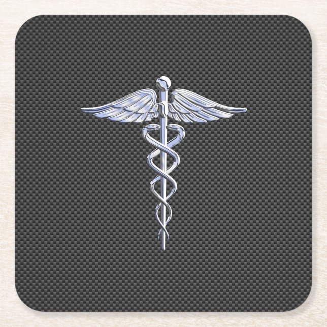 Posavasos Cuadrado De Papel Símbolo médico cromado Caduceus Fibra de carbono n (Anverso)