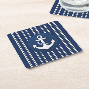 Posavasos Cuadrado De Papel Símbolo Náutico Ancla Blanco Azul Marina