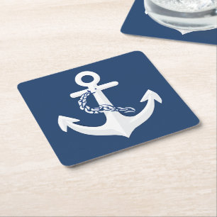 Posavasos Cuadrado De Papel Símbolo Náutico de Ancla Clásico Blanco Azul Marin