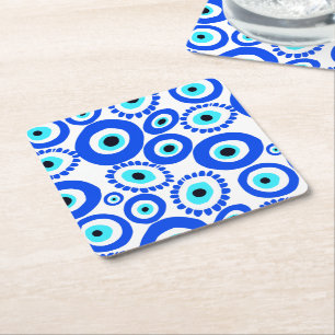 Posavasos Cuadrado De Papel Símbolo ocular patrón contemporáneo azul y blanco