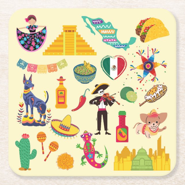 Posavasos Cuadrado De Papel Símbolos de México (Anverso)