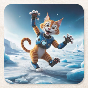 Posavasos Cuadrado De Papel Simpático gato robot en otro planeta helado