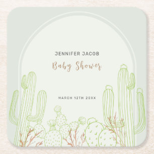 Posavasos Cuadrado De Papel Simple Boho Cactus Line Art Arch Baby Shower