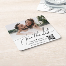 Posavasos Cuadrado De Papel simple código qr foto de pareja save the date 