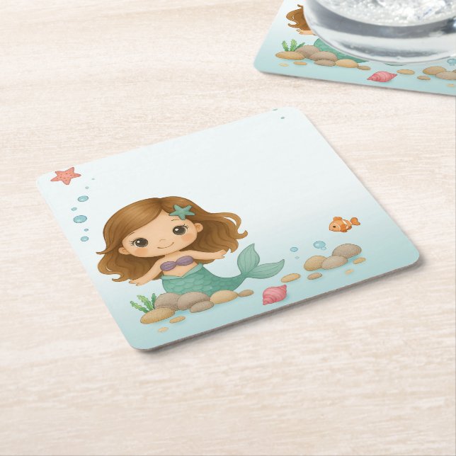 Posavasos Cuadrado De Papel Simple cute little mermaid (En perspectiva)