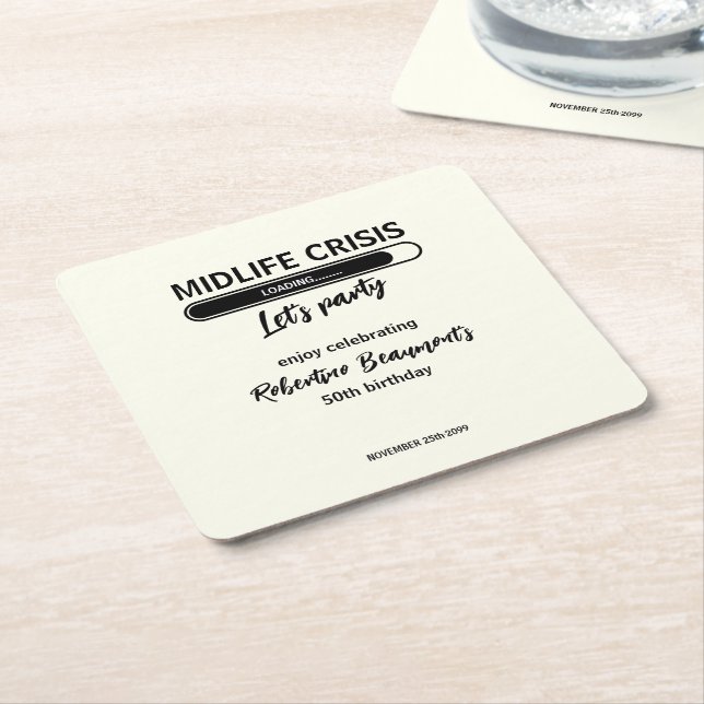 Posavasos Cuadrado De Papel Simple Funny Midlife Crisis Loading 50th Birthday (En perspectiva)