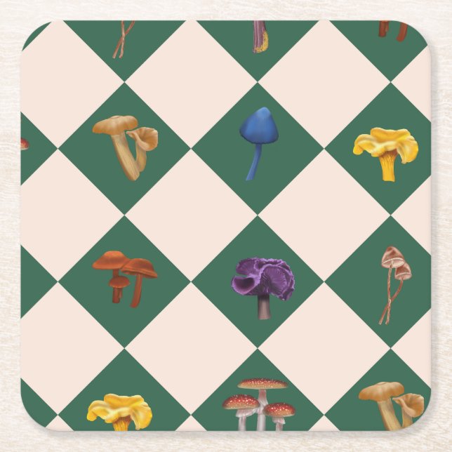 Posavasos Cuadrado De Papel Simple green check with mushrooms (Anverso)