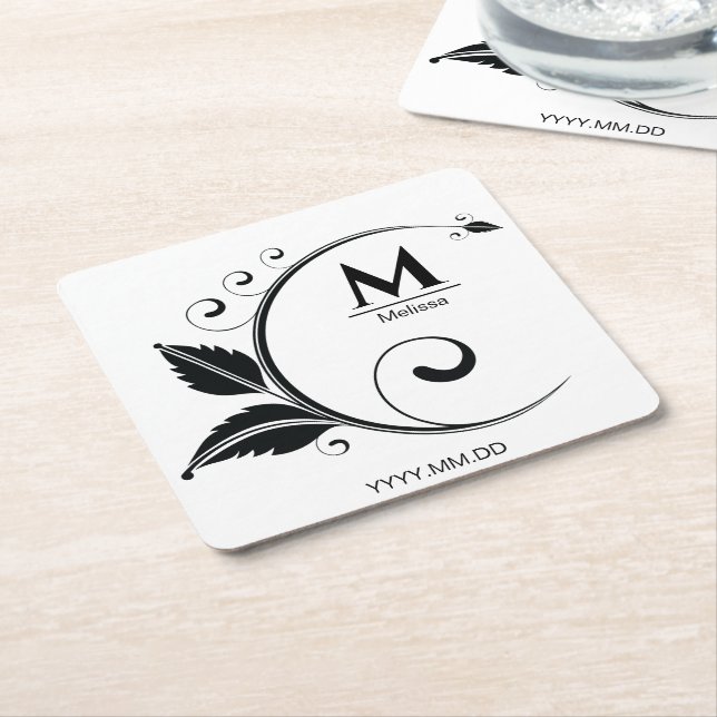Posavasos Cuadrado De Papel Simple Monogram Floral Stylish (En perspectiva)