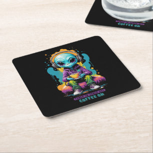 Posavasos Cuadrado De Papel Sintonizada en el café Zoned out on Cute Alien A
