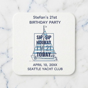 Posavasos Cuadrado De Papel Sip Sip Hooray Personalizado Cumpleaños 21 Marítim