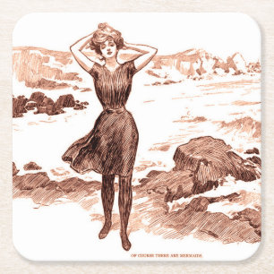 Posavasos Cuadrado De Papel Sirena de playa Gibson Girl vintage Belleza de bañ