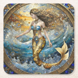 Posavasos Cuadrado De Papel Sirena en las olas del océano