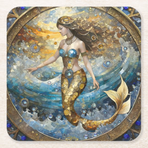 Posavasos Cuadrado De Papel Sirena en las olas del océano