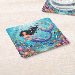 Posavasos Cuadrado De Papel Sirena hermosa de dibujos animados bajo el mar
