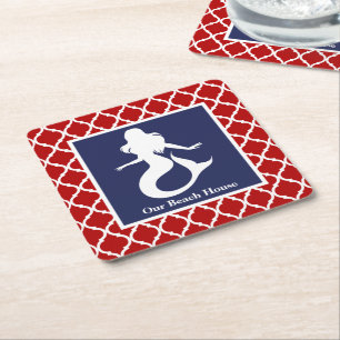 Posavasos Cuadrado De Papel Sirena Rojo Blanco Azul Personalizar Nombre