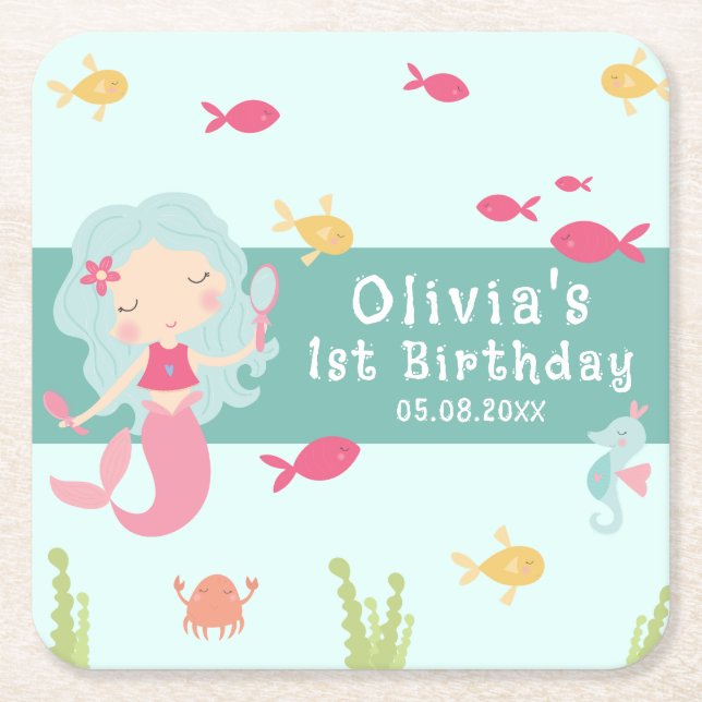 Posavasos Cuadrado De Papel Sirenita de cumpleaños por primera vez bajo el mar (Anverso)