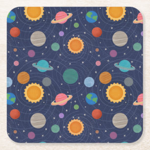 Posavasos Cuadrado De Papel Sistema solar con sol y planetas