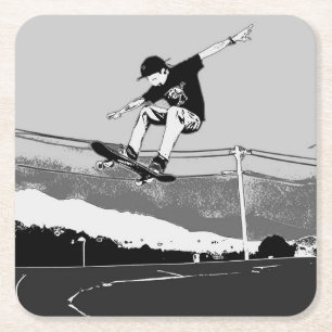 Posavasos Cuadrado De Papel Skateboarder Obteniendo Aire - Diseño Skateboarder