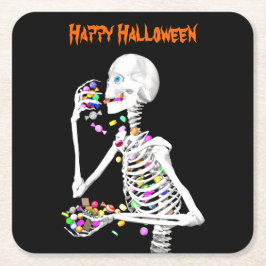 Posavasos Cuadrado De Papel Skeleton comiendo dulces de Halloween