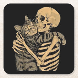Posavasos Cuadrado De Papel  Skeleton Hugging Cat – Cute Gothic Cat Lover Gift